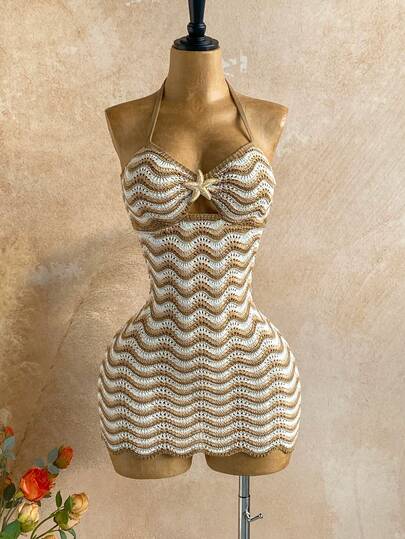 Soleia Sexy Spaghetti Strap Hollow Out Metallic Starfish Bodycon Dress, Backless Tie Up Vacation Dress For Holiday, Date, Afternoon Tea, Music Festival, Bohemian, Beach Resort, Summer