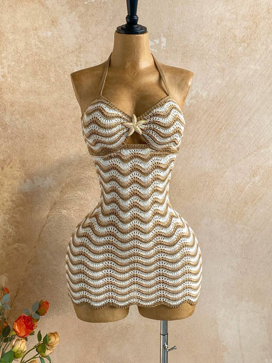 Soleia 性感吊带镂空金属海星紧身连衣裙，露背系带度假连衣裙，适合假日、约会、下午茶、音乐节、波西米亚风、海滩度假、夏季等场合。 - 彩色 - 查看 1