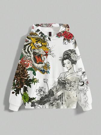 ROMWE Avant Chinesischer Stil Tiger Charakter Kalligraphie, Liebes Slogan, Rose & Chrysantheme Allover-Muster Loose Fit Hoodie Sweatshirt für Frauen