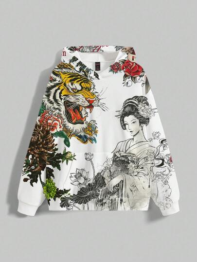 ROMWE Avant هودي فضفاض مطبوع بالكامل بشعار الحب وصورة النمر والزهور والكريزانثيمم بطراز صيني للنساء