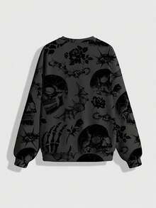 ROMWE Grunge Punk Plus Size Vintage Street Style Skull, Thorn, Dark Plant Palm Print Plus Size Gothic Sweatshirt