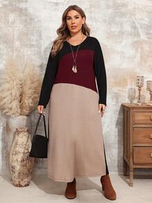EMERY ROSE Robe décontractée élégante ample à manches longues et col rond avec blocs de couleurs, pour femmes, pour l'automne - Rouge foncé - Voir 3