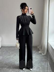 Elenzga Women's Solid Color Faux Pearl Decor Turtleneck Long Sleeve Ruffle Hem T-Shirt And Pants Elegant 2-Piece Set - Black - View 6