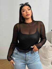 SHEIN EZwear Blusa negra transparente de malla sexy para mujer de talla grande, no incluye la parte superior de tipo camisola - Multicolor - Ver 4