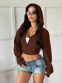 INAWLY Y2K Street Sexy Long Sleeve Solid Color Coffee Casual Crop Sweatshirt Zip-Up Sweatshirt With Pocket - Coffee Brown - View 3