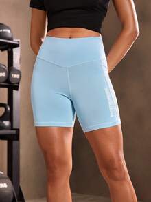 Powerista 字母图案宽带腰运动短裤，带手机口袋，蓝色短裤，女士网球服骑行短裤氨纶短裤 - 淺藍色 - 查看 6