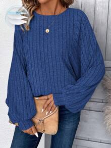 EMERY ROSE Women's Plus Size Casual Solid Color Ribbed Long Sleeve Sweatshirt - Royal Blue - View 1