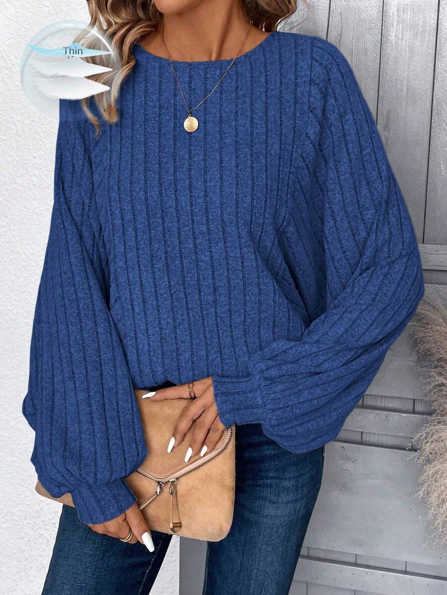 EMERY ROSE Women's Plus Size Casual Solid Color Ribbed Long Sleeve Sweatshirt - Royal Blue - View 1