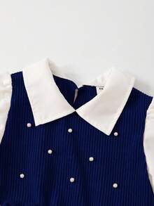 Everyday Casual Tween Girls Geometric Knit Flare Sleeve Shirt Co-Ords With Pearl Detailing - Navy Blue - View 5