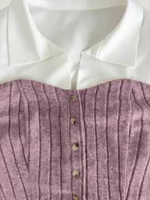 Xyvia 杏色和白色奢华通勤高端成熟智慧女士长袖上衣和阔腿裤两件套，AB面料拼接衬衫领翻领修身腰部上衣，罗纹阔腿裤，适合办公室、校园、商务、旅行、秋冬春季休闲穿着。 - 粉色 - 查看 5