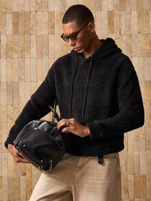 Manfinity VCAY 男士针织休闲羊毛连帽衫，带刺绣字母，适合秋冬 - 黑色 - 查看 1