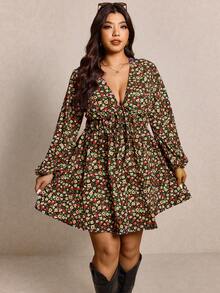 Elaquor Plus Size Women's Ditsy Floral Deep V-Neck Tie Front Lantern Sleeve Dress - Multicolor - View 4