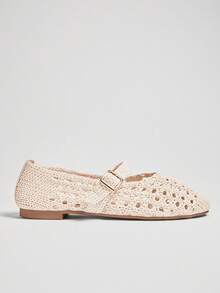 Solezae Ladies Crochet Mary Jane Ballet Flats For Christmas - Beige - View 6