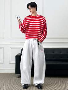 ESTAVOR 男士休闲通勤字母刺绣条纹落肩长袖T恤 - 紅色 - 查看 6