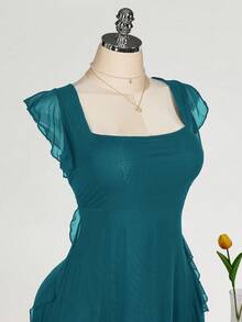 SHEIN ICON Váy ôm cổ vuông viền bèo nhún cỡ lớn, thích hợp cho đám cưới, tiệc tùng, khách dự tiệc, trang phục mùa xuân lãng mạn - Màu xanh ngọc - Xem 5