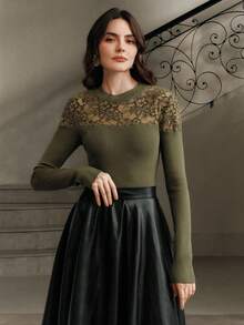 Anewsta 优雅修身蕾丝拼接镂空高领绿色女式毛衣，秋冬款 - 橄欖綠 - 查看 4