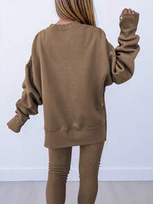 INAWLY Bộ 2 món áo hoodie và quần legging xẻ tà màu trơn thường ngày cỡ lớn, mùa thu/đông - Màu Khaki - Xem 2