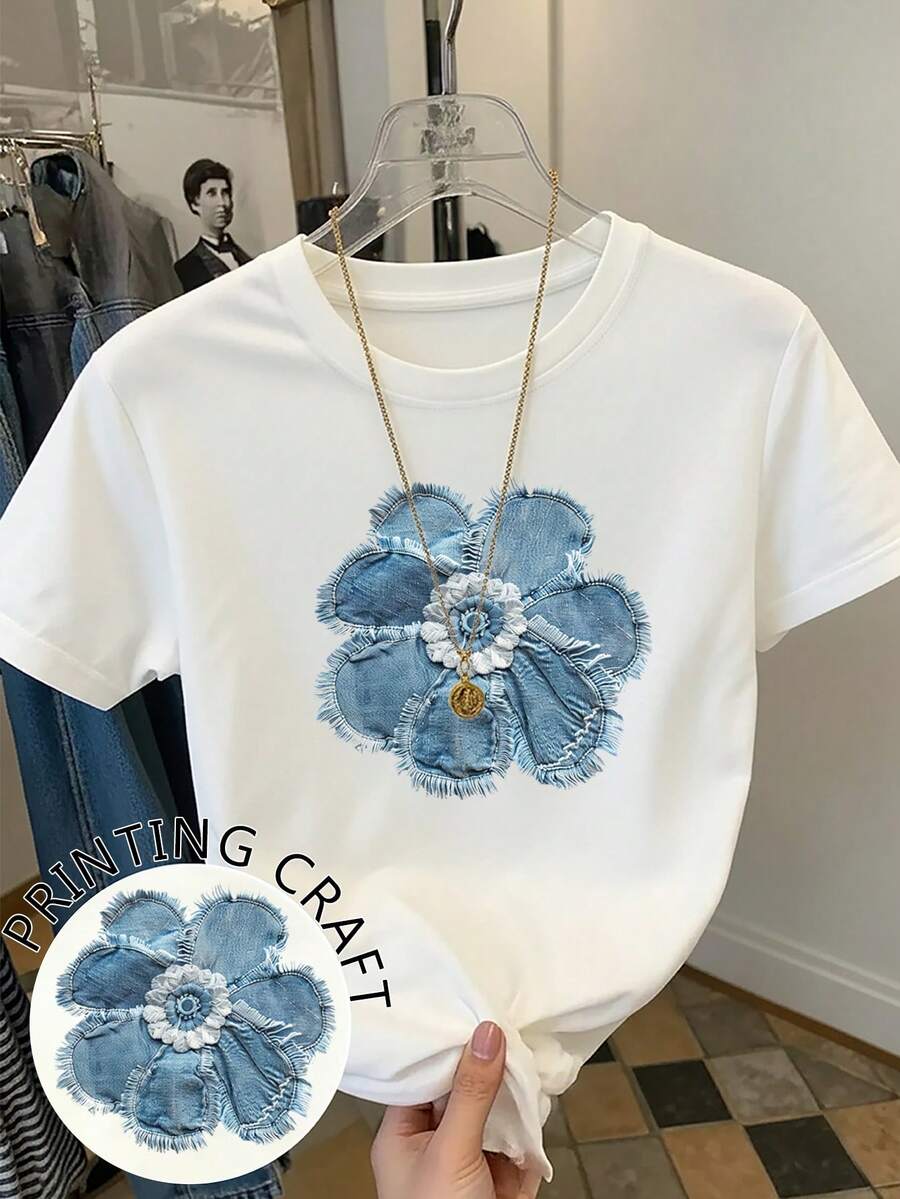 SHEIN 女式休闲花卉印花圆领短袖T恤，夏季 - 白色 - 查看 1