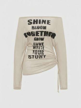 EDITION Camiseta de manga larga con hombros descubiertos con estampado de cruz y letras para mujeres, estilo romántico punk