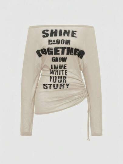 EDITION Camiseta de manga larga con hombros descubiertos con estampado de cruz y letras para mujeres, estilo romántico punk