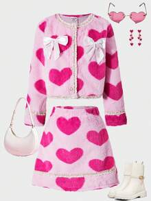 SHEIN Hot Pink,Winter,Cute,Wedding Guest Girls' Two Pieces Suit,Heart-Patterned Fuzzy Jacket And Skirt Set,Gold Button,Ribbon Bow Knot,French Chic Outfit - Pink - View 1