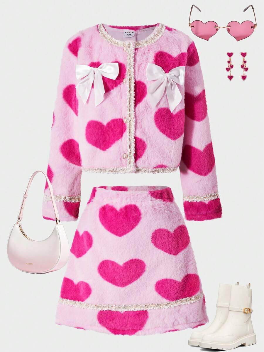 SHEIN Hot Pink,Winter,Cute,Wedding Guest Girls' Two Pieces Suit,Heart-Patterned Fuzzy Jacket And Skirt Set,Gold Button,Ribbon Bow Knot,French Chic Outfit - Pink - View 1