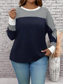 EMERY ROSE Plus Size Casual Striped Patchwork Batwing Long Sleeve T-Shirt, Autumn - Navy Blue - View 5