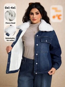 Elaquor Plus Size Denim Jacket With Thermal Lining, Fashion For Autumn/Winter - Medium Wash - View 1