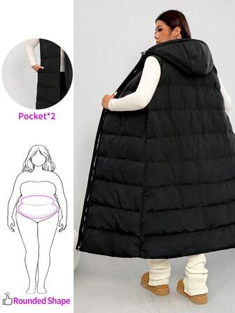 Enliva Jennifer_samantha_style Plus Size Women Loose Plus Size Long Vest Jacket, Pockets Detail, Hooded Vest Jacket In Fall/Winter, For Apple Rounded Body Shape