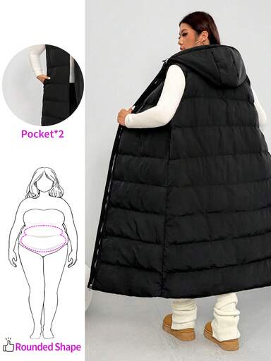 Enliva Jennifer_samantha_style Plus Size Women Loose Plus Size Long Vest Jacket, Pockets Detail, Hooded Vest Jacket In Fall/Winter, For Apple Rounded Body Shape