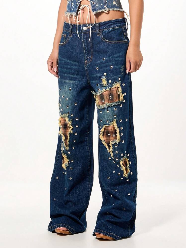 SUMWON Distressed Baggy Denim Jeans With Checkered Patches And Metal Studs Wide Leg Low Rise Festival Grunge Style