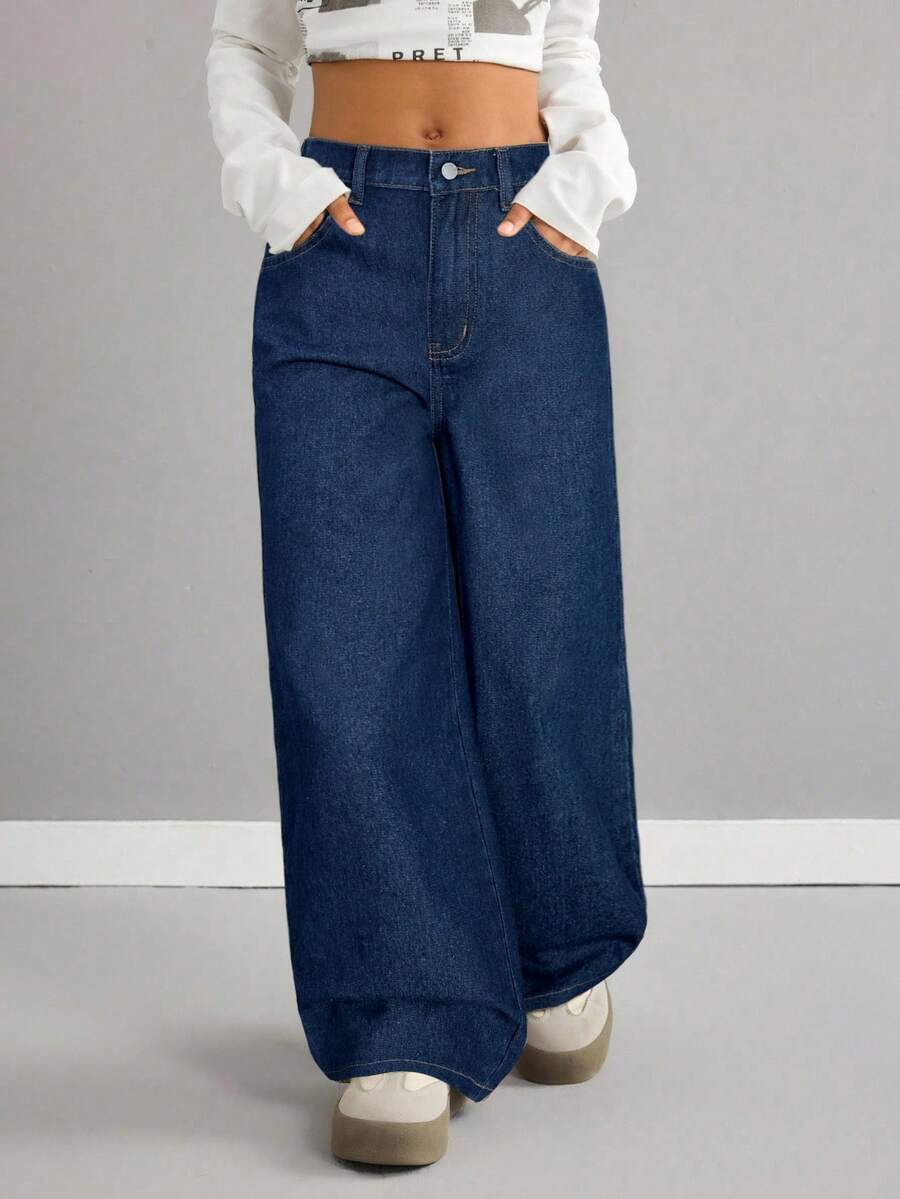 SHEIN Jeans anchos y sueltos de pierna ancha lavados para niñas preadolescentes - Azul lavado oscuro - Ver 1