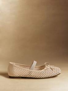 Rosivie 杏仁圆头编织网眼蝴蝶结平底鞋，时尚简约舒适透气搭扣带女式平底鞋，波西米亚西部音乐节派对装扮 - 杏色 - 查看 2