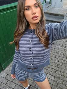 Chiquease 2pcs/Set Striped Long Sleeve Button Design Waist Cinching Double Button Suit For Women - Dark Grey - View 6