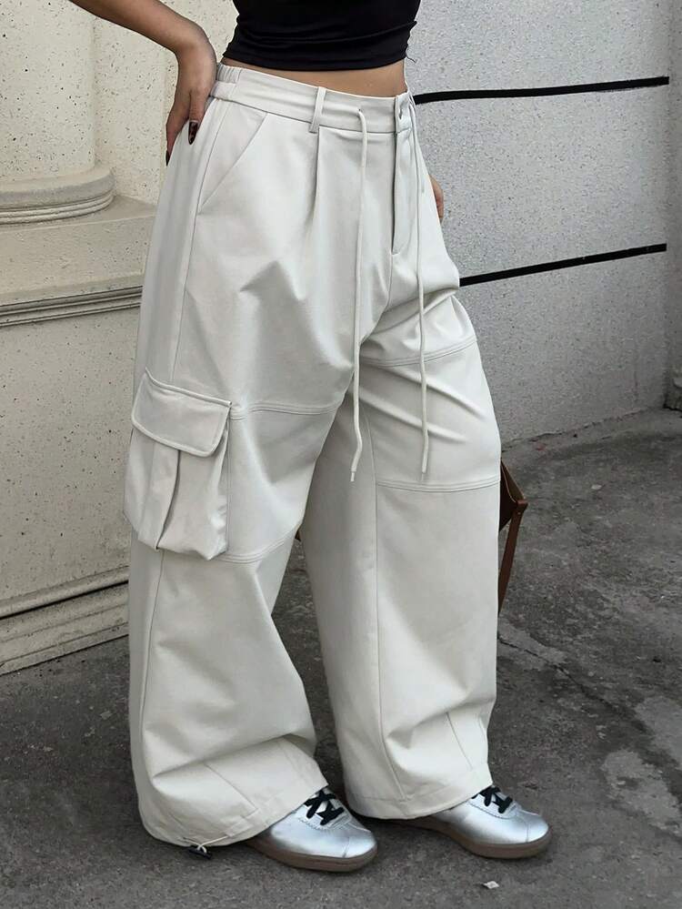 Dazy Plus Plus Size Women Solid Color Street Style Waist Tie Side Pocket Cargo Pants, Loose Fit Long Casual Trousers, All Season