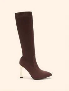 CUCCOO BASICS Damen Kaffeefarben Spitze Stiletto High Heel Elastisch Gestrickt Atmungsaktiv Schlank Bein Overknee Stiefel, Schwarz