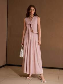 MOTF PREMIUM 女士纯色褶皱A字裙 - 粉色 - 查看 3
