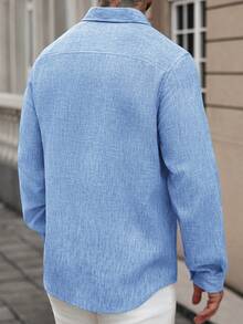 Manfinity CasualCool 男士纯色休闲亚麻长袖衬衫 - 淺藍色 - 查看 2