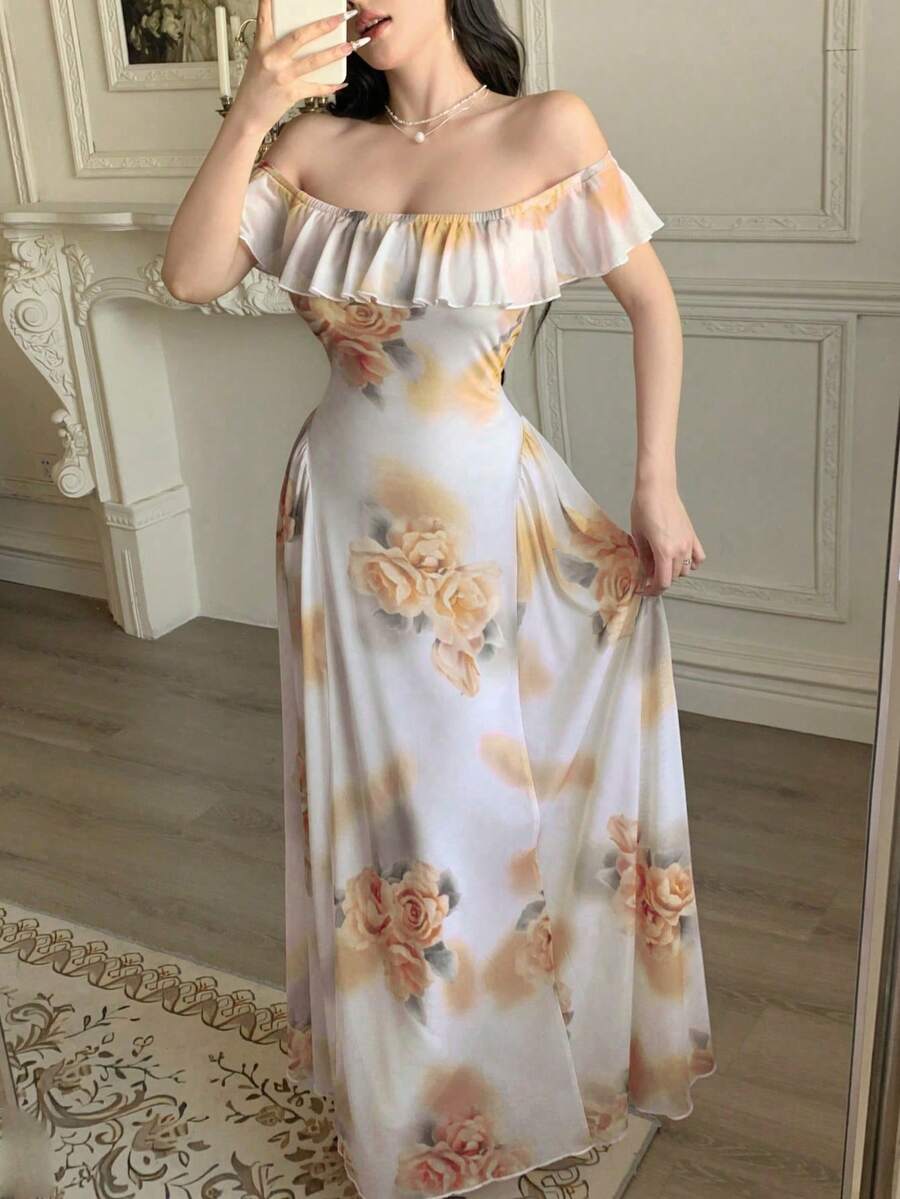 Modelyn 女士网纱印花露肩荷叶边摆摆连衣裙,夏季 - 黃色 - 查看 1