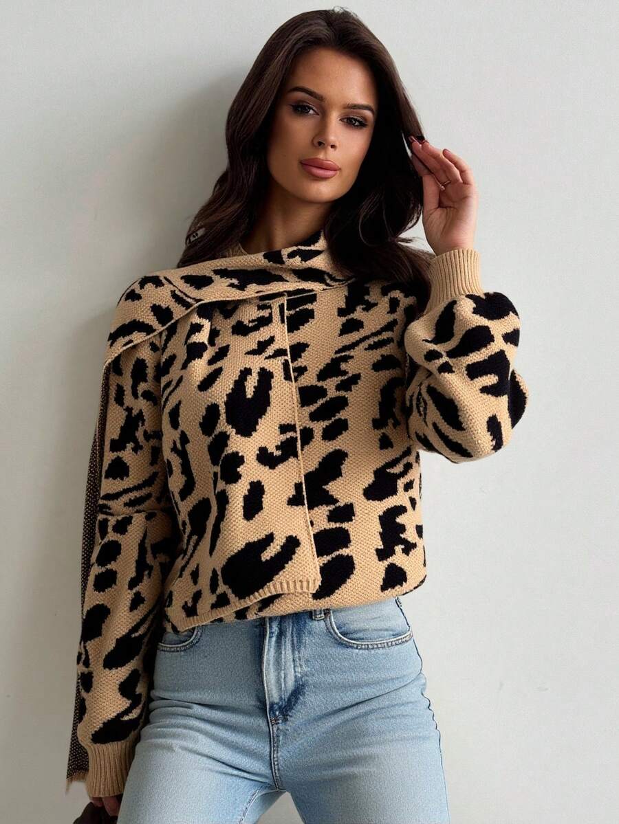 Firerie Women's Elegant Daily Casual Street Fashion Commute Versatile New Leopard Print Long Sleeve Sweater With Scarf, Autumn/Winter - Coffee Brown - View 1