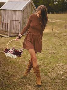 Aralina Women's Solid Color Round Neck Long Sleeve Pleated Casual Mini Dress - Mocha Brown - View 7