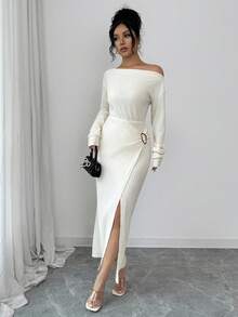 Rafferiza Metallic Decor Button Textured Fabric Asymmetrical Shoulder Split Long Sleeve Midi Dress For Women,Off-White,Autumn,Elegant,Dinner Date White Dress - Apricot - View 5