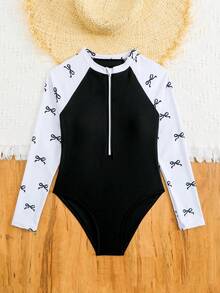 SHEIN Teen GirlGirls One-Piece Swimsuit, Black Bow Decor, Fashion Beach Party Swimming Costume Long Sleeve Swimsuit Girl Teen Girl Swim Outfit Bow Print Swimsuit Girl Long Sleeve Swimwear Swimming Suit For Teens Summer Long Sleeve Swim Wear Yong Girl Outfits Swim Wear 20 Summer Vacation Thermal Christmas Holiday Festival New Years Valentines Swim 
رمضان
عباياتabaya جلابياتjalabiya جلابيه Long Sleeve Bathing Suit Girl Long Sleeve Swift Suit Swim Wear Teen Girl Rash Guard Girl Young Girl Swimwear One Pi One Piece Swimsuit - Black and White - View 7
