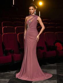 Glamrae Elegant Brown High-Stretch Mesh Asymmetric Shoulder Maxi Dress,Metal 3D Floral Decor,Front Ruching,Draped Flounce,Mermaid Hem Formal Gown For Weddings - Dusty Pink - View 8