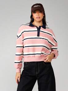 MISSGUIDED 女士条纹翻领卫衣长袖 Polo 衫套头衫休闲粉色海军蓝白色橄榄球衫秋冬学院风 - 彩色 - 查看 1
