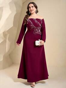 Coutiva Elegant Sequin Embellished Long Sleeve Dress,High-End Formal Burgundy Gown For Banquet,Spring Evening Dinner Wedding Mother Of Groom Turkish Dress - Burgundy - View 4