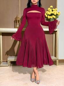 Modelyn Women's Elegant Party Stand Collar Hollow Out Flare Sleeve Midi Dress Party Outfit - Burgundy - View 4
