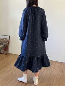 DAZY Ditsy Blumenmuster Rüschen Saum Spitze Patchwork Lang Locker Damen Nachthemd Pyjama - marineblau - Übersicht 2