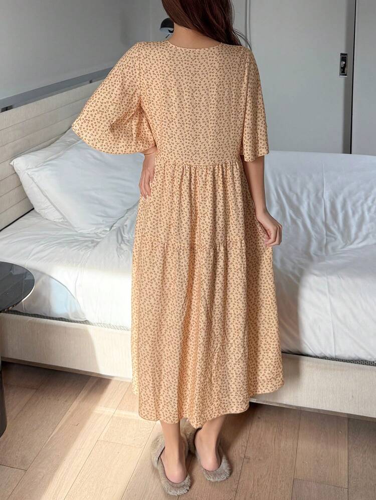 Ditsy Floral Tie-Up Ruffle Sleeve Long Women Nightgown