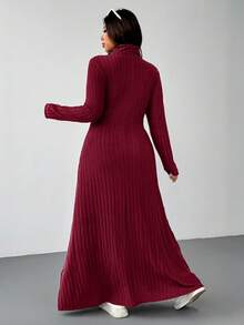 SHEIN EZwear 红色羊毛罗纹高领休闲加大码长款连衣裙，秋冬款 - 紅色 - 查看 2